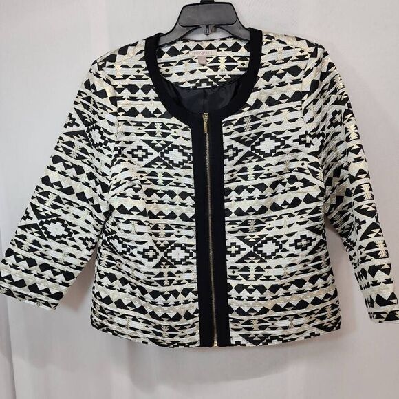 Roz & Ali Size L Woman 3/4 Sleeve Full Zip Jacket Blazer Geometric Aztec Print B - Picture 2 of 7
